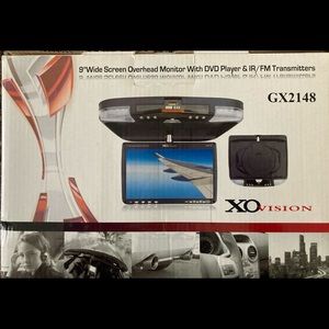 New in box.  9” wide screen overhead monitor w/DVD player & IR/FM Transmitters